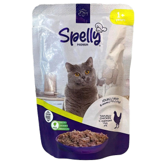 Вологий корм для дорослих котів Spelly курка в желе пауч 85г